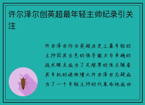 许尔泽尔创英超最年轻主帅纪录引关注